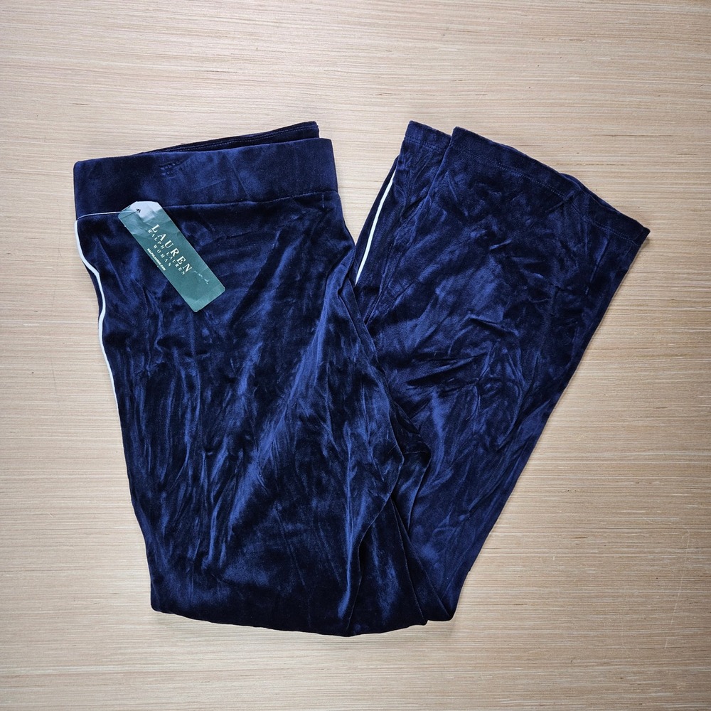 Lauren Ralph Lauren Pant Women 2X 38x29.5 Navy Blue Velour Track Side Stripe NEW